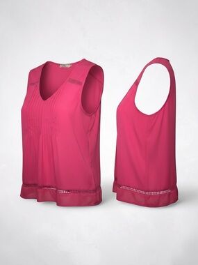 Anthro Elodie Hot Pink V-Neck Sleeveless Blouse Pintuck Crochet Trim Top M